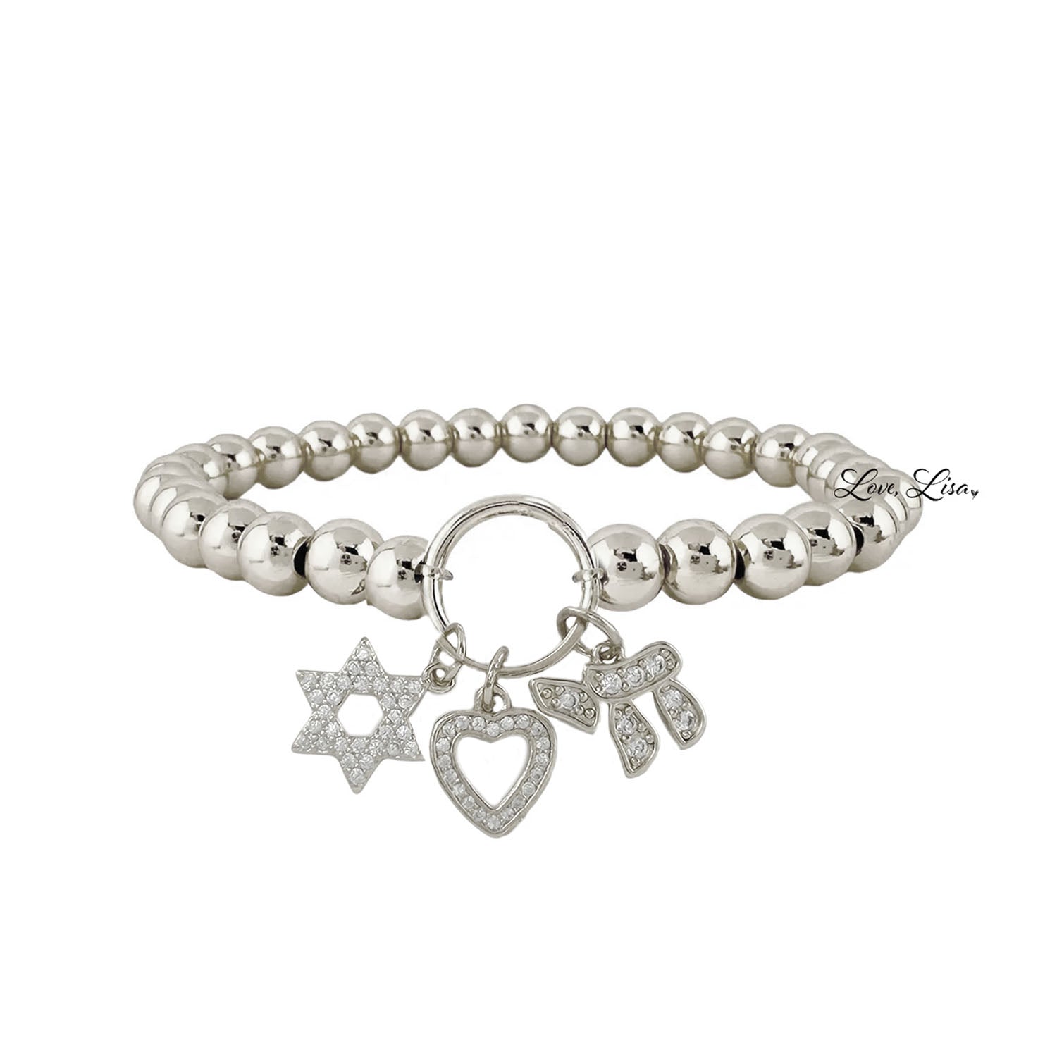 silver beaded love faith bracelet with pavé star of david heart and chai charms