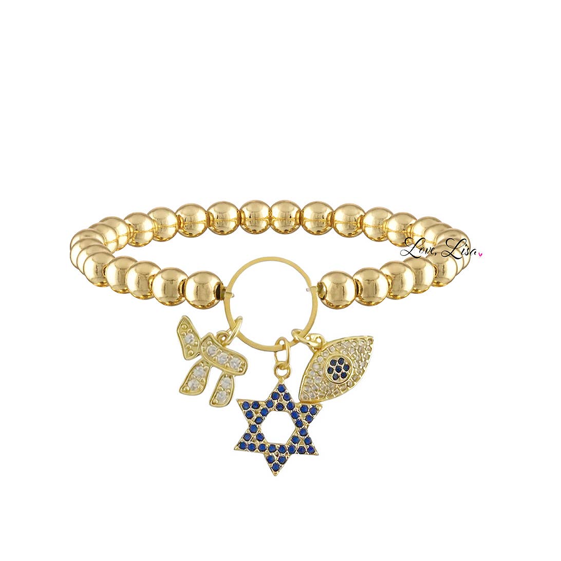 gold beaded charm bracelet with blue pave star of david and pavé chai and evil eye charms