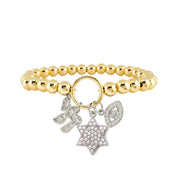 Gold elastic charm bracelet with silver star of david chai and evil eye