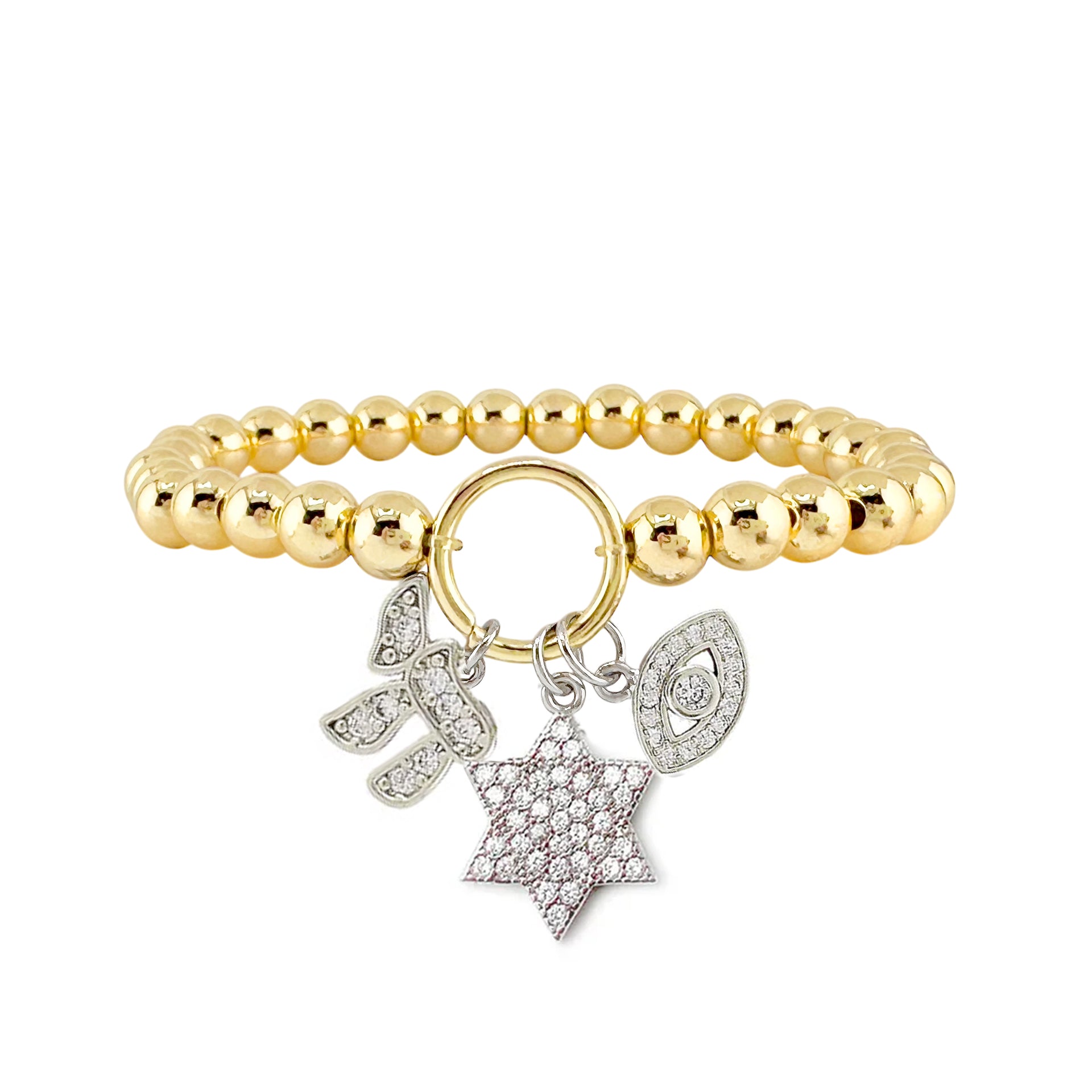Gold elastic charm bracelet with silver star of david chai and evil eye