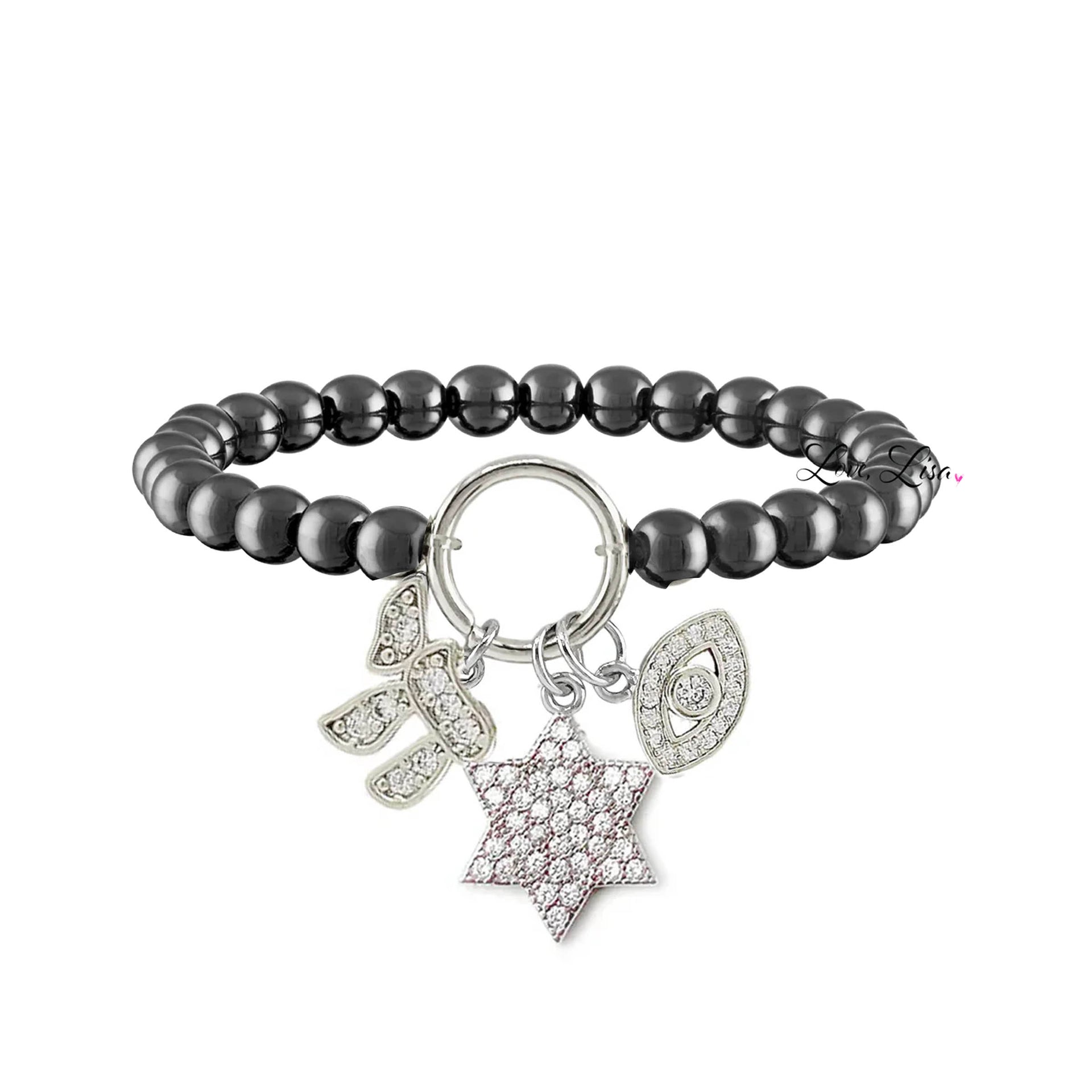 lynn star of david chai evil eye bracelet in gunmetal with silver charms