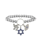 silver beaded charm bracelet with blue pave star of david and pavé chai and evil eye charms