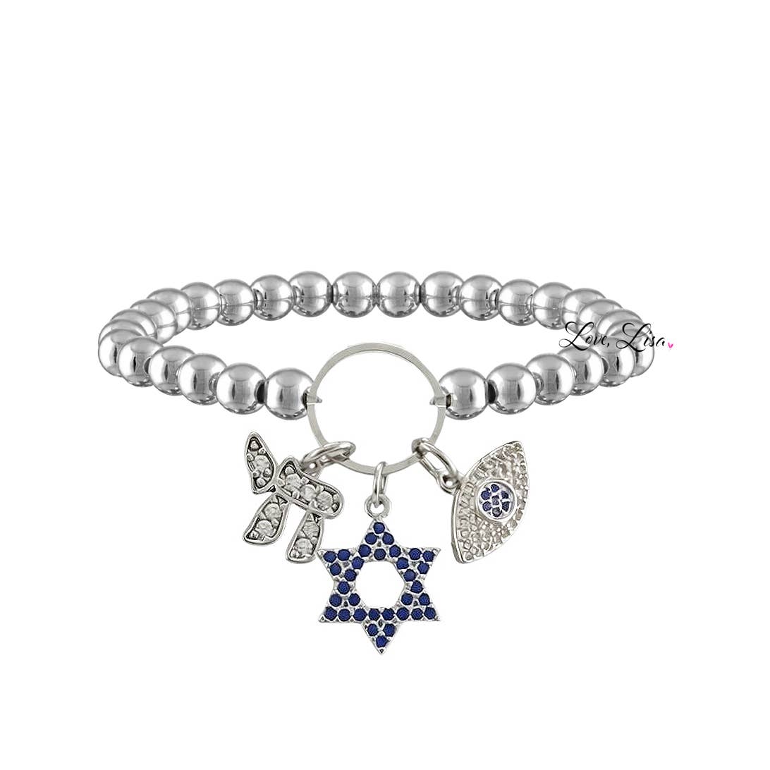 silver beaded charm bracelet with blue pave star of david and pavé chai and evil eye charms