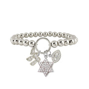 silver star of david beaded charm bracelet with pavé chai and evil eye charms