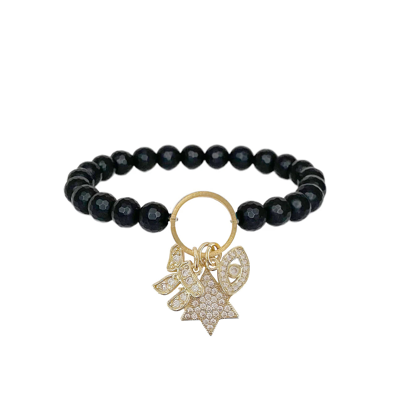 black onyx star of david beaded charm bracelet with natural stone beads and drop charms chai, evil eye and star of david