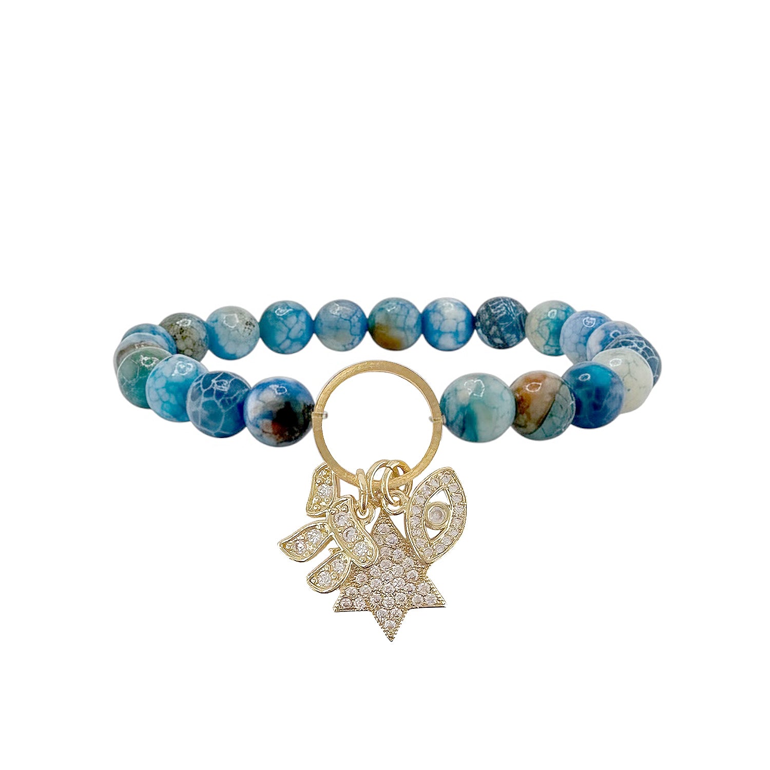 Love Lisa star of david gemstone beaded charm bracelet blue fire agate 8mm beads with chai and evil eye