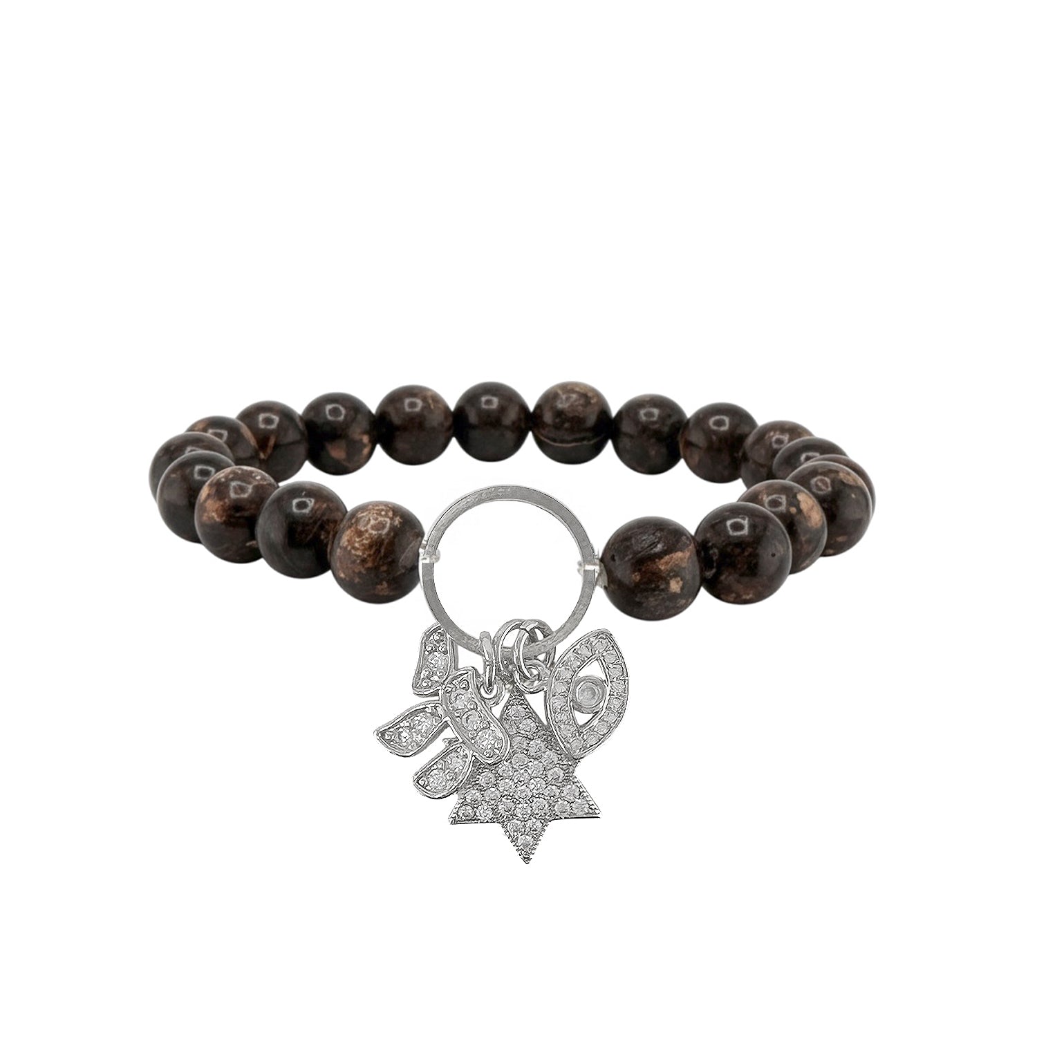 bronzite star of david gemstone charm bracelet with 8mm beads and symbolic charm trio