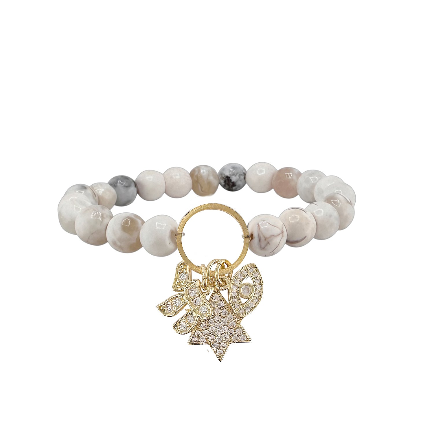 white fire agate star of david gemstone bracelet with chai and evil eye charm trio