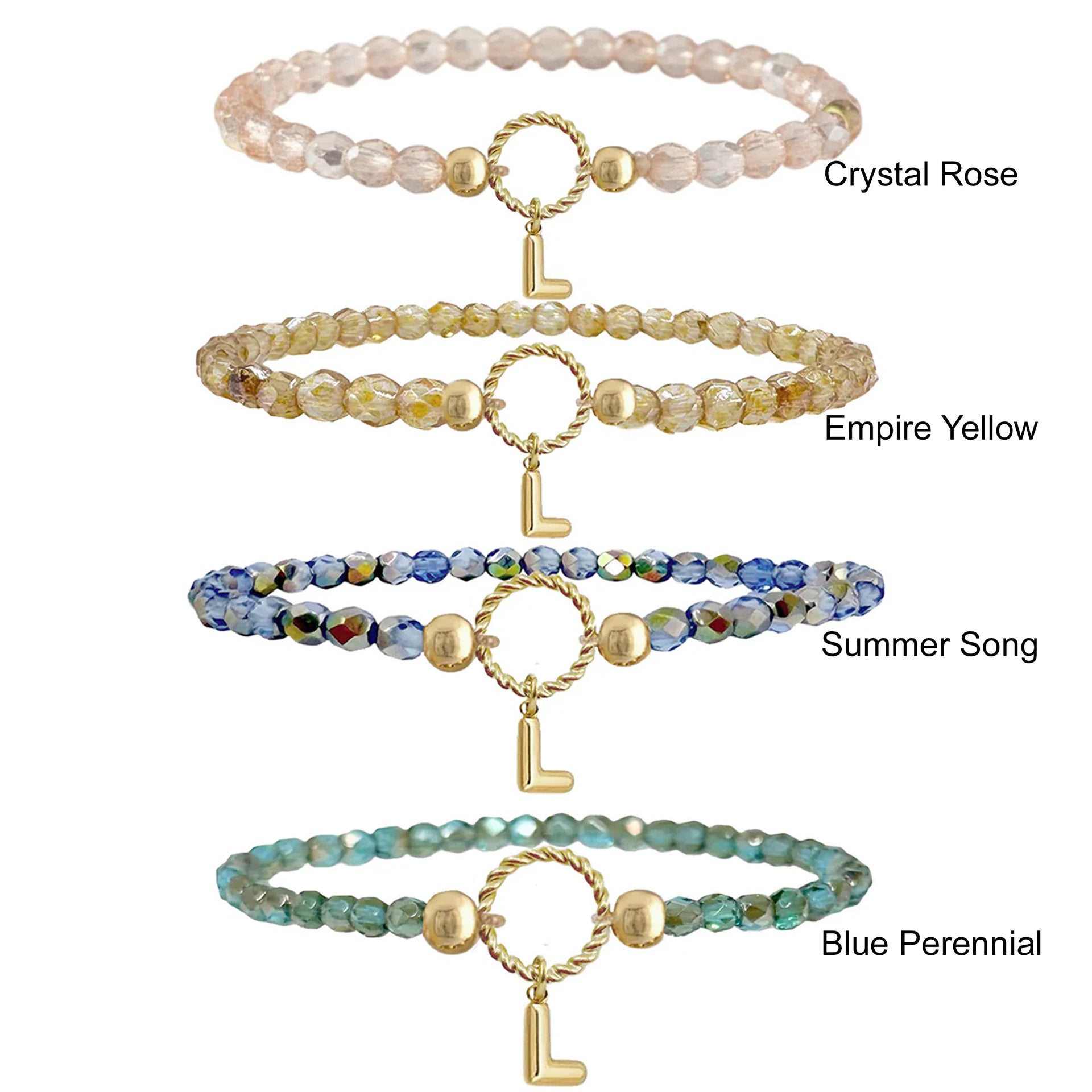Four beaded bracelets with gold charms labeled 'Crystal Rose', 'Empire Yellow', 'Summer Song', and 'Blue Perennial' on a white background.