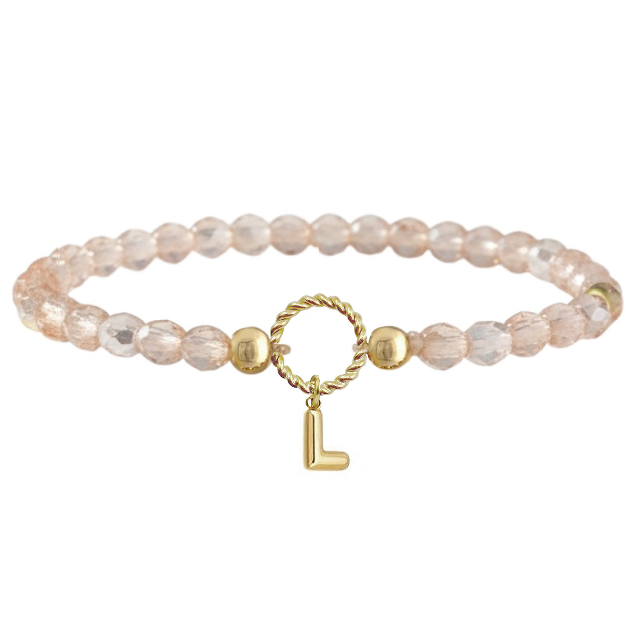 Love Lisa madison initial charm beaded bracelet crystal rose 3mm faceted glass beads with gold letter charm center ring detail
