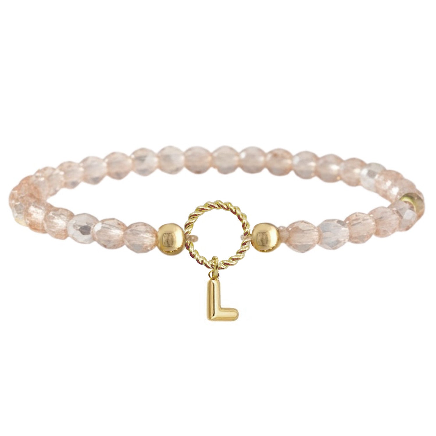 Love Lisa madison initial charm beaded bracelet crystal rose 3mm faceted glass beads with gold letter charm center ring detail
