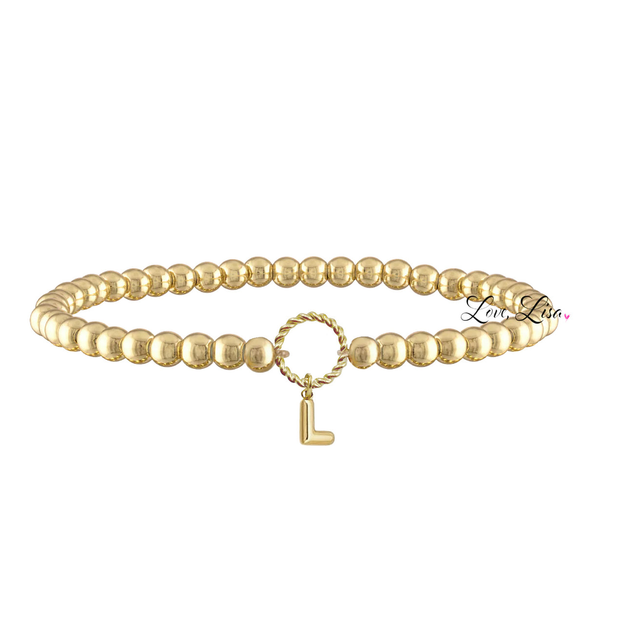 madison initial charm beaded bracelet gold brass beads 4mm beaded bracelet with gold letter charm
