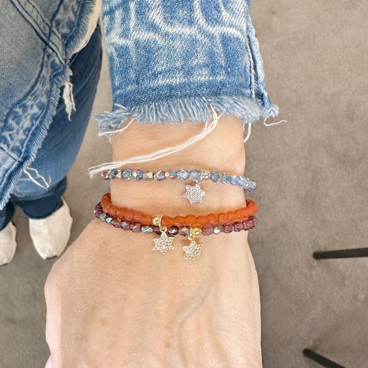 Love Lisa Madison little Star of David charm bracelet worn on wrist crystal beaded stack