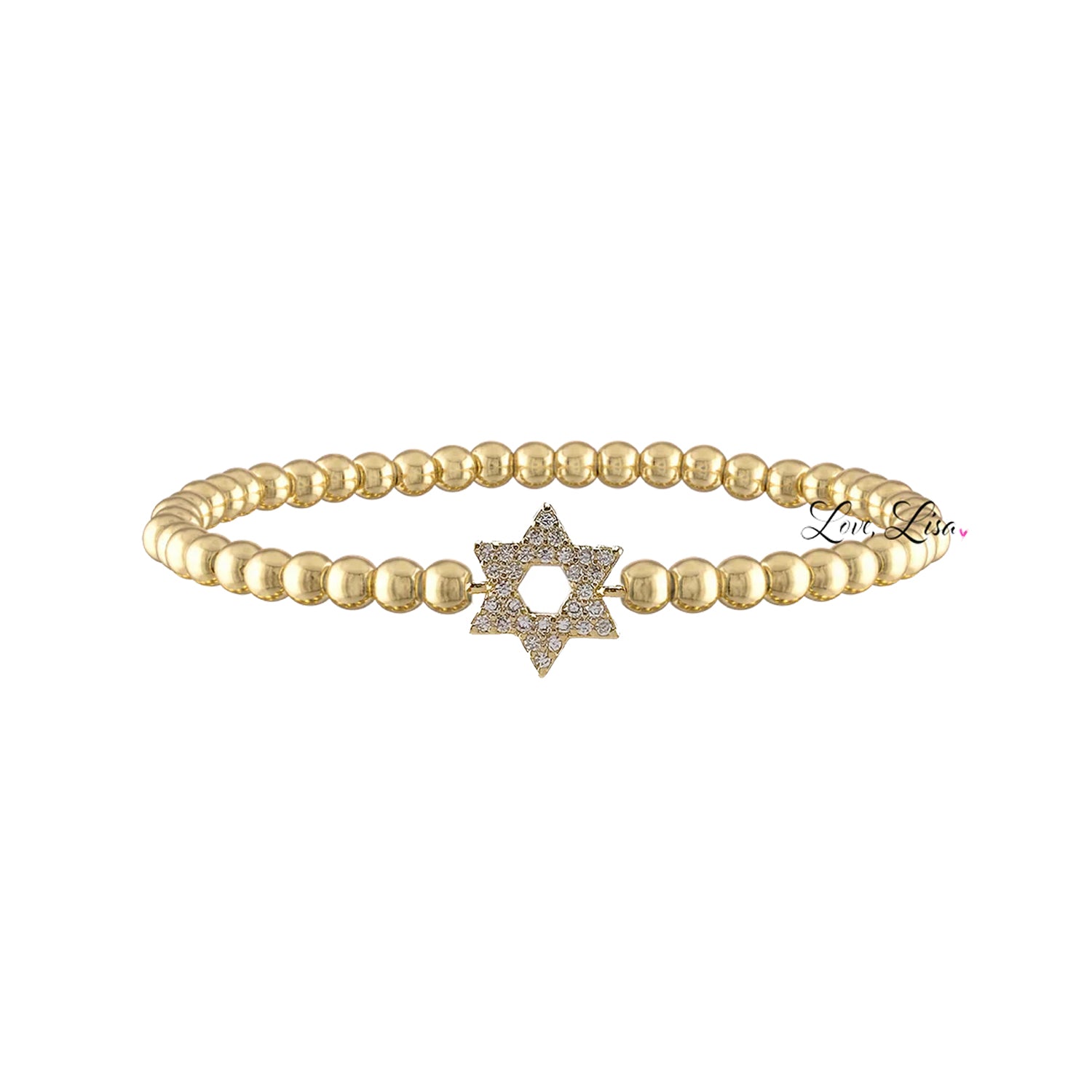 gold metal bead star of david bracelet 3mm stretch polished beads gold pave charm