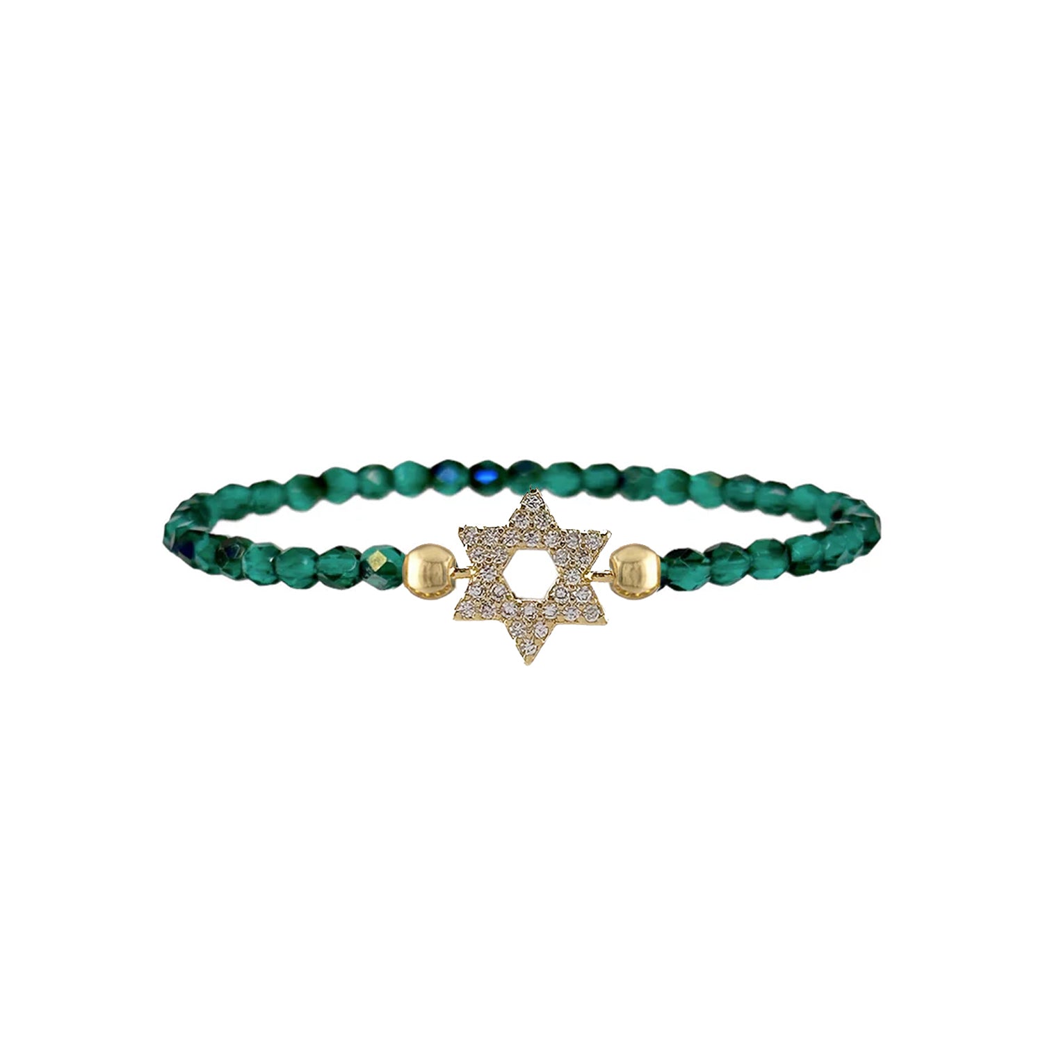 green crystal star of david beaded bracelet 3mm stretch faceted beads gold pave charm