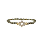 olive green star of david crystal beaded bracelet 3mm stretch neutral tone beads gold pave charm