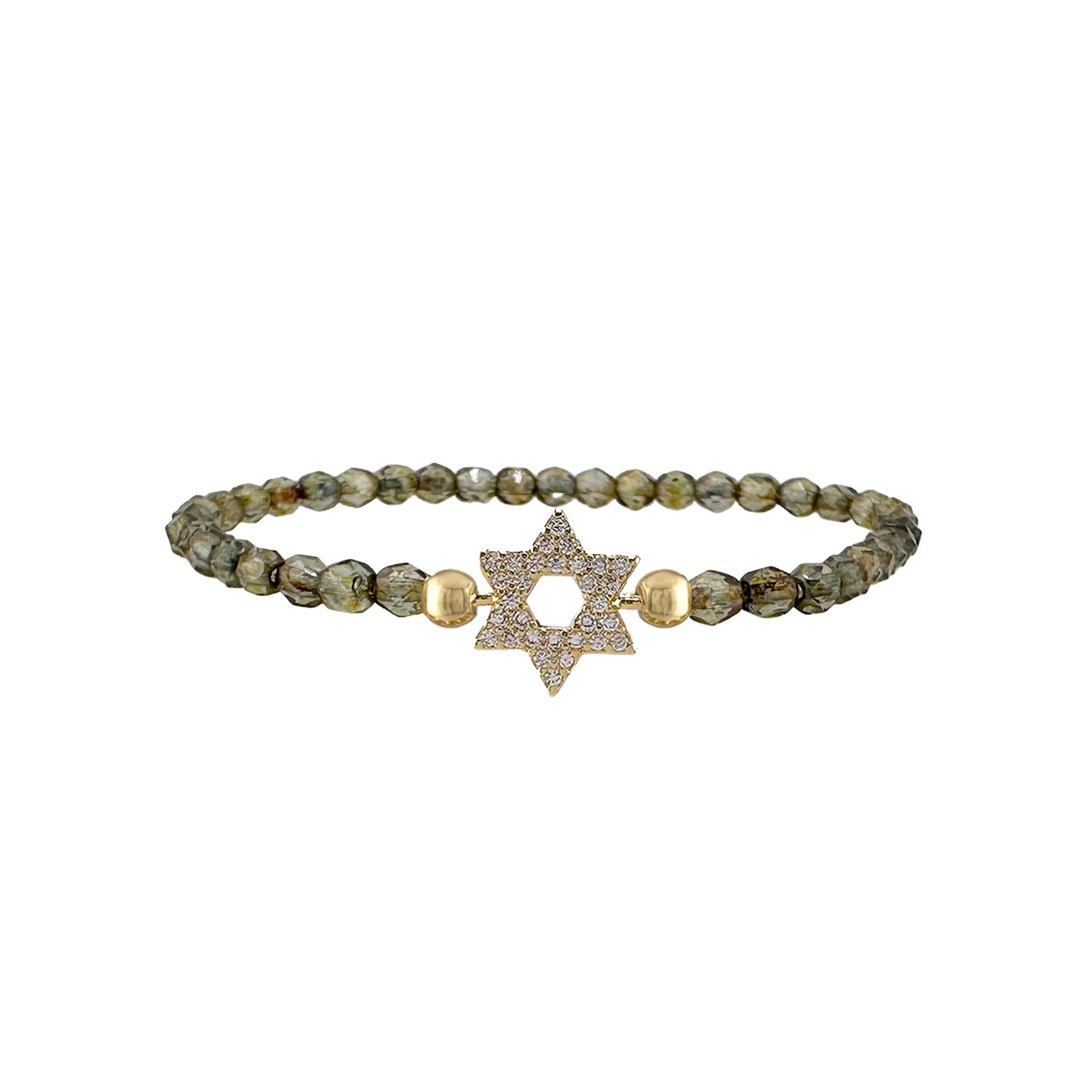 olive green star of david crystal beaded bracelet 3mm stretch neutral tone beads gold pave charm