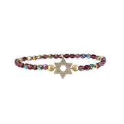 purple crystal star of david beaded bracelet 3mm stretch faceted bead bracelet gold pave charm