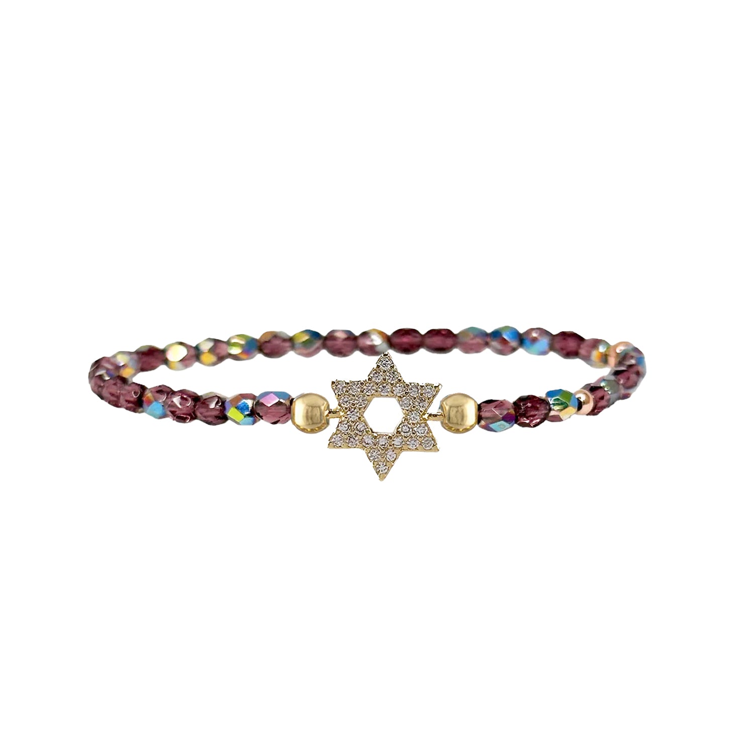 purple crystal star of david beaded bracelet 3mm stretch faceted bead bracelet gold pave charm