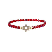 red crystal star of david beaded bracelet 3mm stretch faceted beads gold pave charm judaica jewelry
