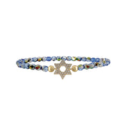 blue star of david beaded bracelet 3mm faceted czech glass beads stretch pavé charm delicate jewish jewelry