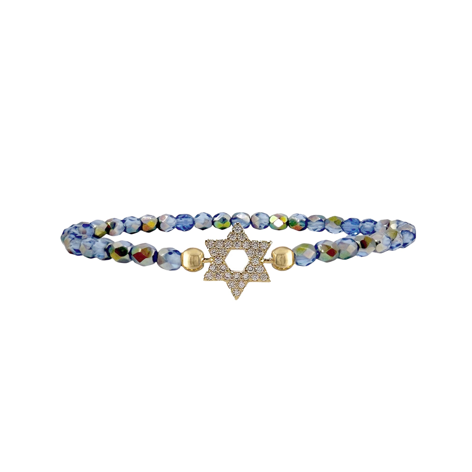 blue star of david beaded bracelet 3mm faceted czech glass beads stretch pavé charm delicate jewish jewelry