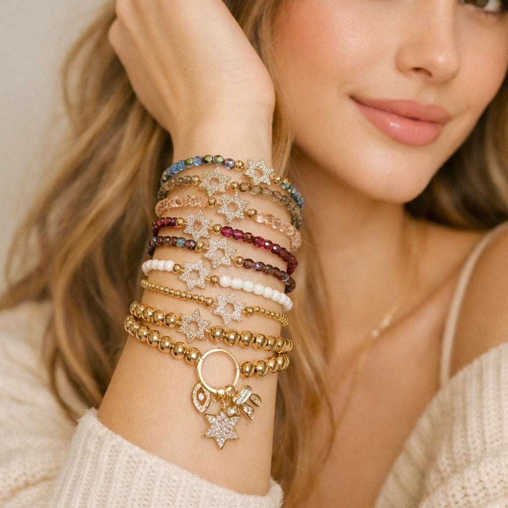 Love Lisa colorful star of david bracelet stack worn on wrist crystal beaded stretch bracelets layered judaica style