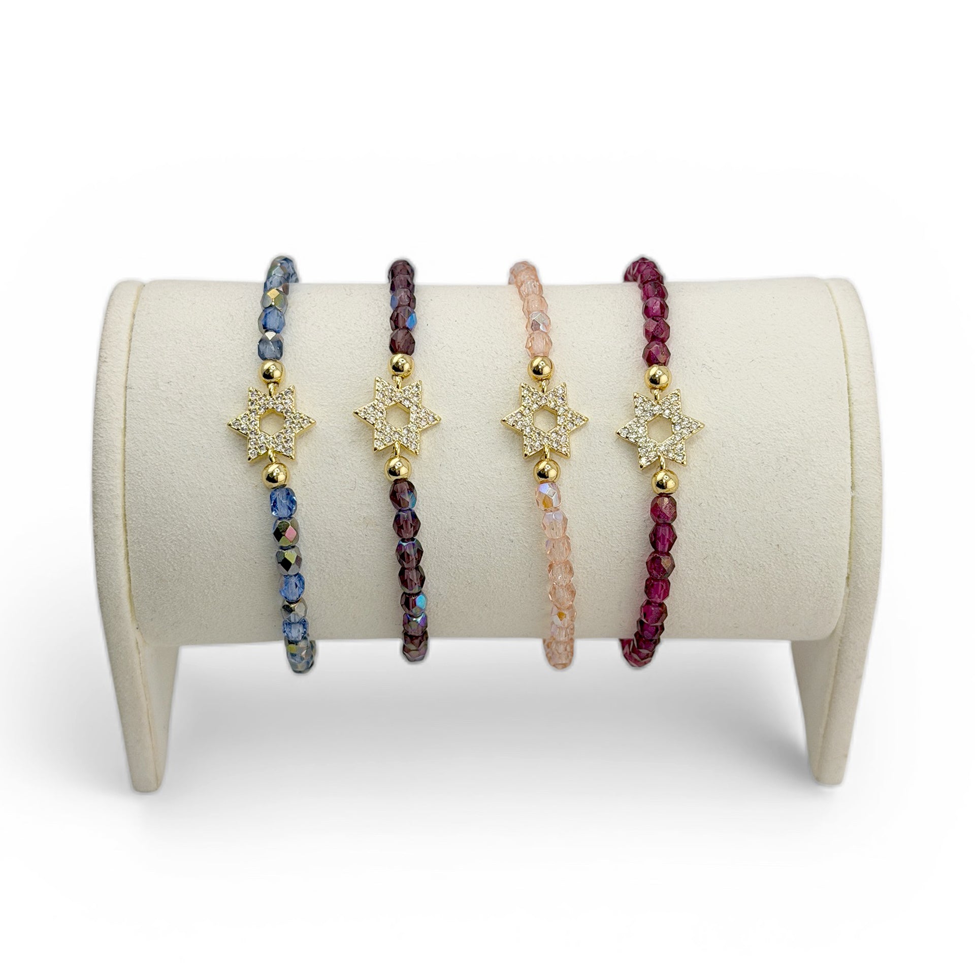 Madison Star of David crystal stretch bracelets displayed in multiple colors on bracelet stand