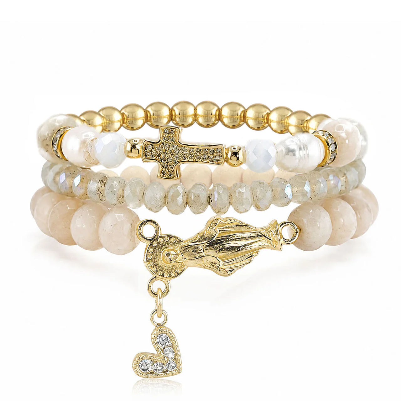 Love Lisa Madonnas Grace bracelet stack with ivory beads gold accents cross charm Miraculous Mother charm and sparkling heart detail