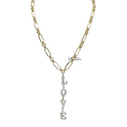 maeve love drop necklace gold and silver vertical pave love pendant polished link chain