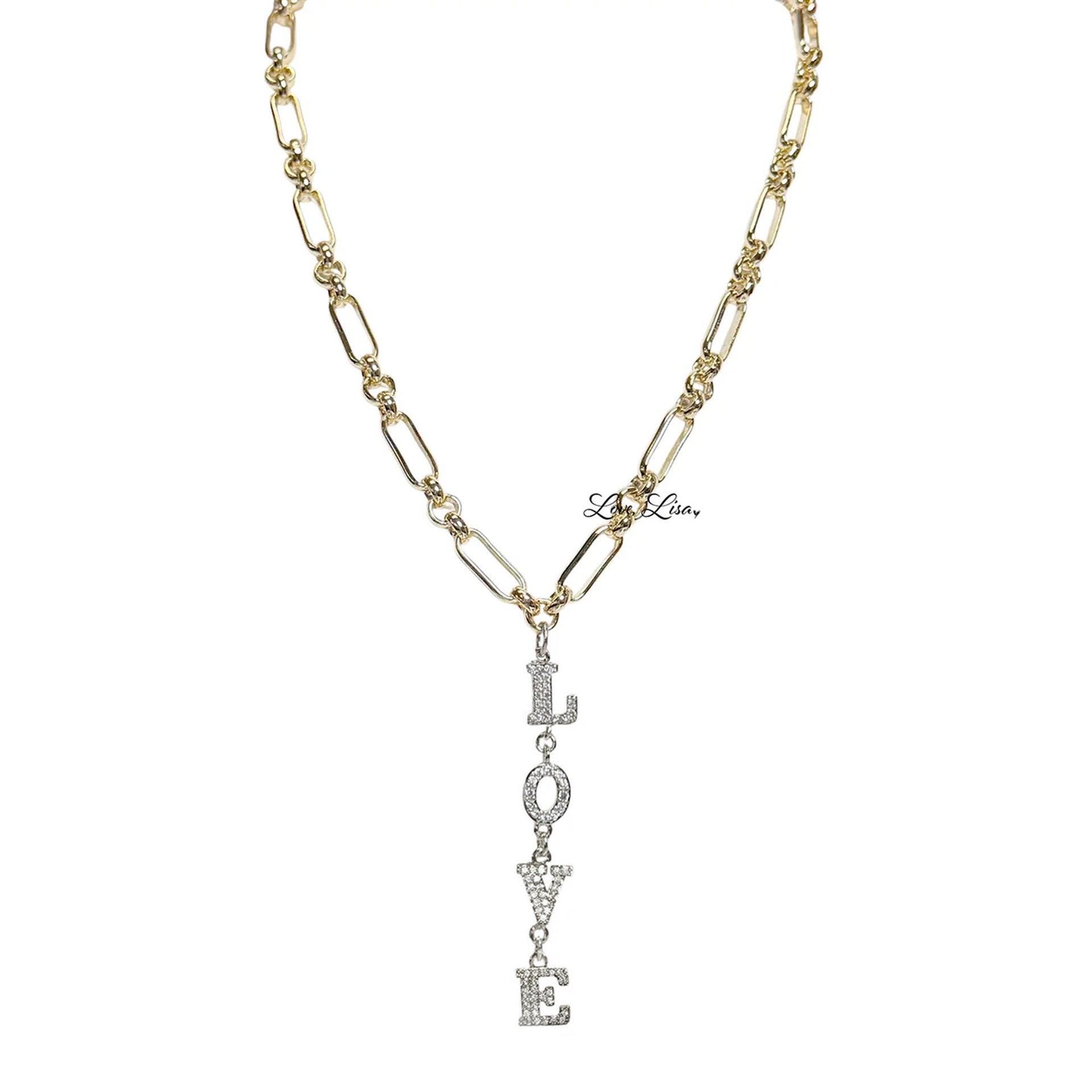 maeve love drop necklace gold and silver vertical pave love pendant polished link chain