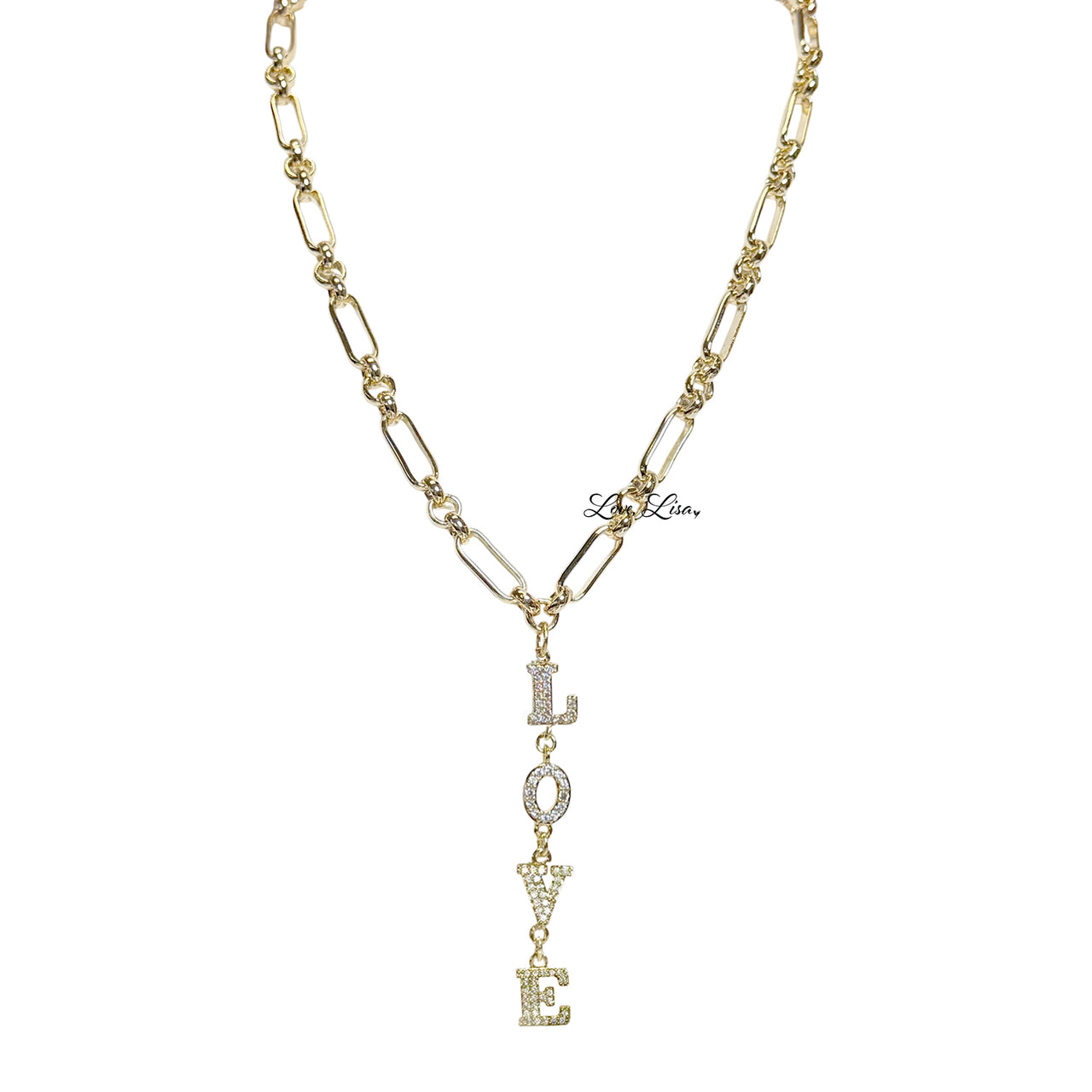 Love Lisa maeve love drop necklace gold vertical pave love pendant polished link chain