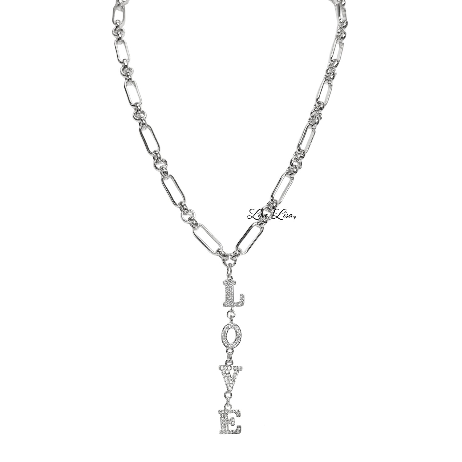 maeve love drop necklace silver vertical pave love pendant polished link chain