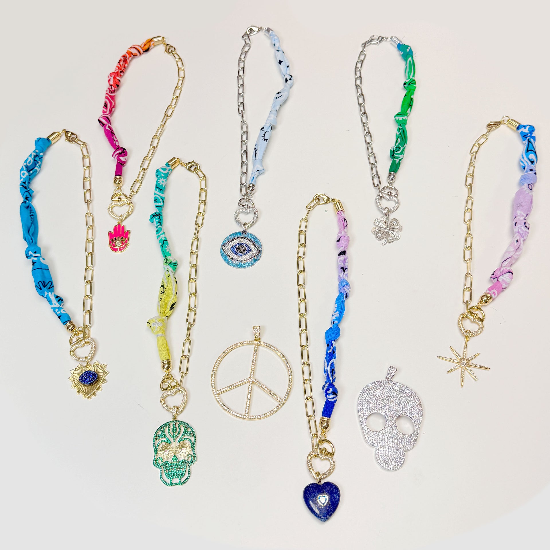 Love Lisa Marbella Heart Link Bandana Necklaces in colorful fabric styles with gold and silver heart clasp options