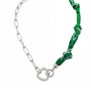 Marbella Heart Link Bandana Necklace in green bandana fabric with silver paperclip chain and pavé heart clasp