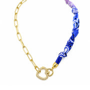 Love Lisa Marbella Heart Link Bandana Necklace with blue knotted bandana paperclip chain and pavé crystal heart clasp