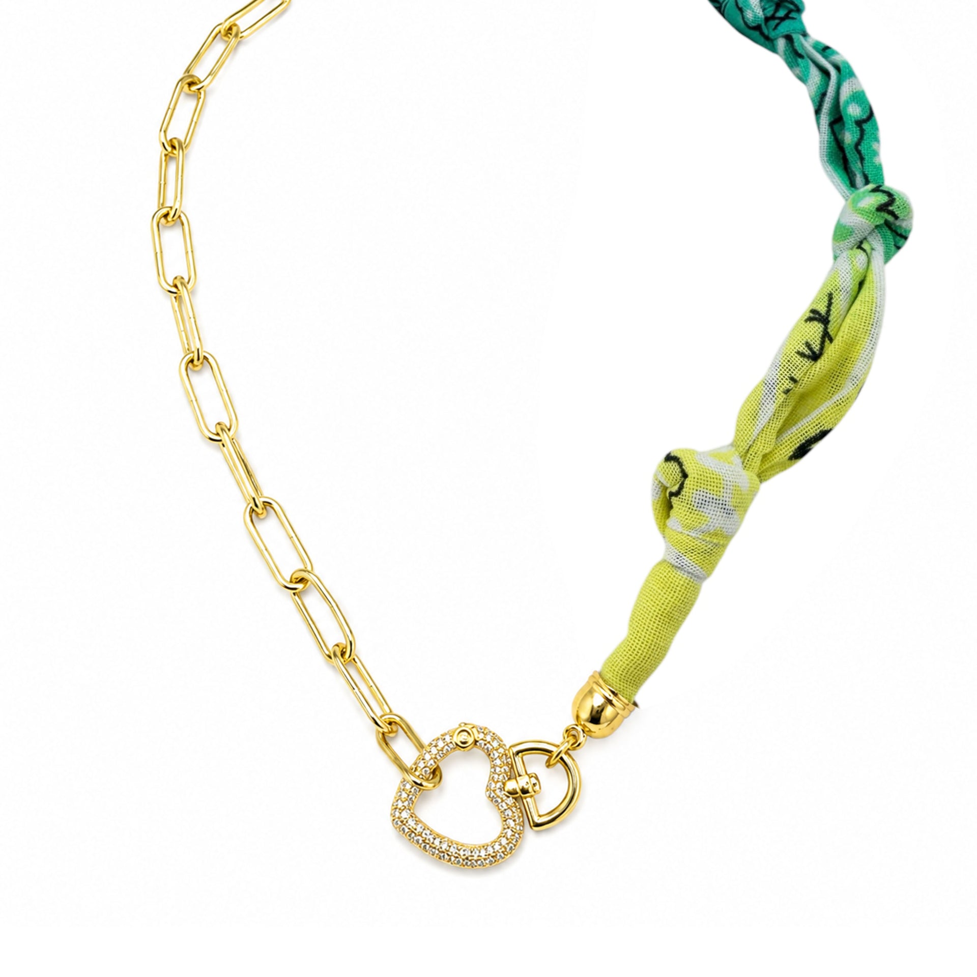 Marbella Heart Link Bandana Necklace in green appletini with gold paperclip chain and heart clasp