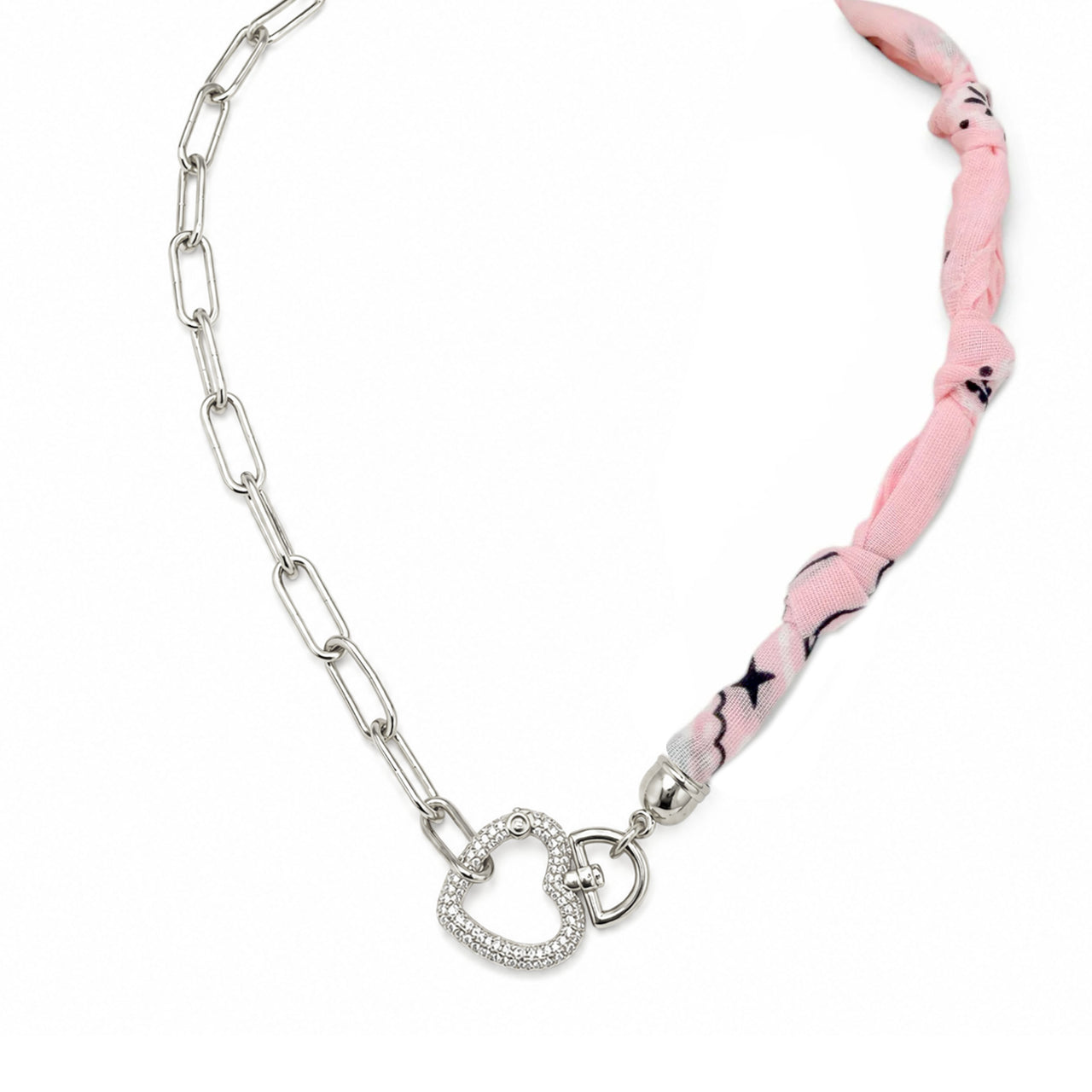 Marbella Heart Link Bandana Necklace in pink lemonade with silver paperclip chain and pavé heart clasp