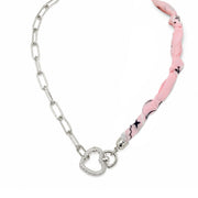 Marbella Heart Link Bandana Necklace in pink lemonade with silver paperclip chain and pavé heart clasp