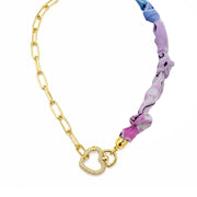 Marbella Heart Link Bandana Necklace in purple bandana fabric with gold paperclip chain and pavé heart clasp