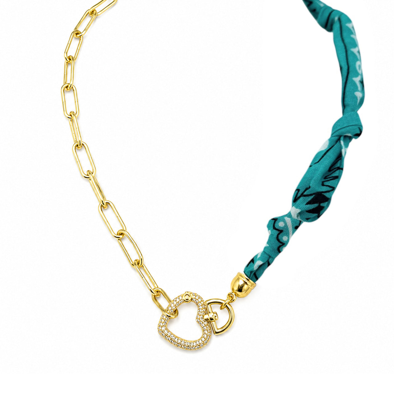 Marbella Heart Link Bandana Necklace in teal with gold paperclip chain and pavé heart clasp