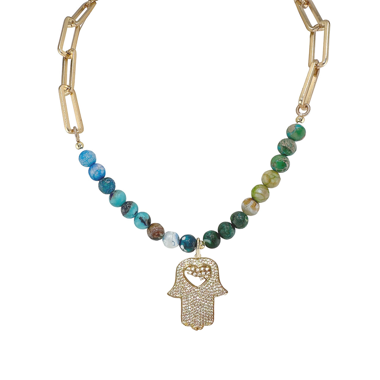 A gold chain necklace with multicolored gemstone beads and a gold charm in the shape of a hand with a heart cut out in the center.