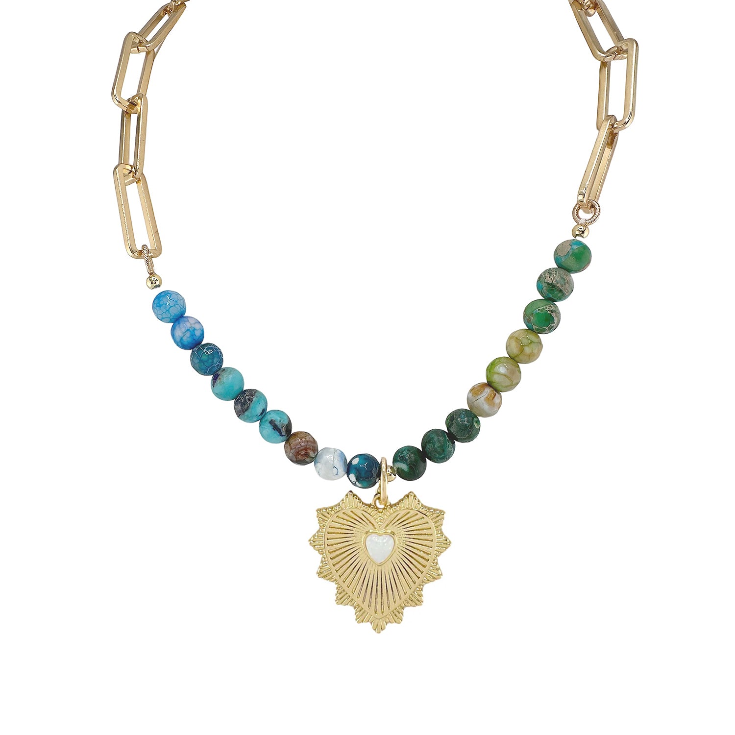 A gold chain necklace with multicolored gemstone beads and a gold charm in the shape of a hand with a heart cut out in the center.