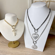 Love Lisa Mariano Clasp Charm Necklace display layered with charms
