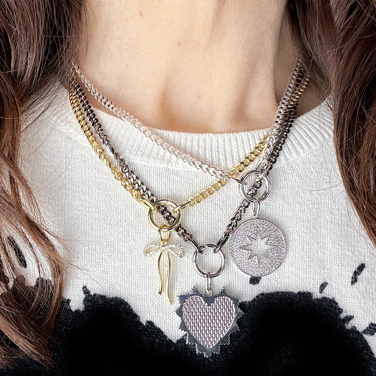 Love Lisa Mariano Clasp Charm Necklace layered with charms