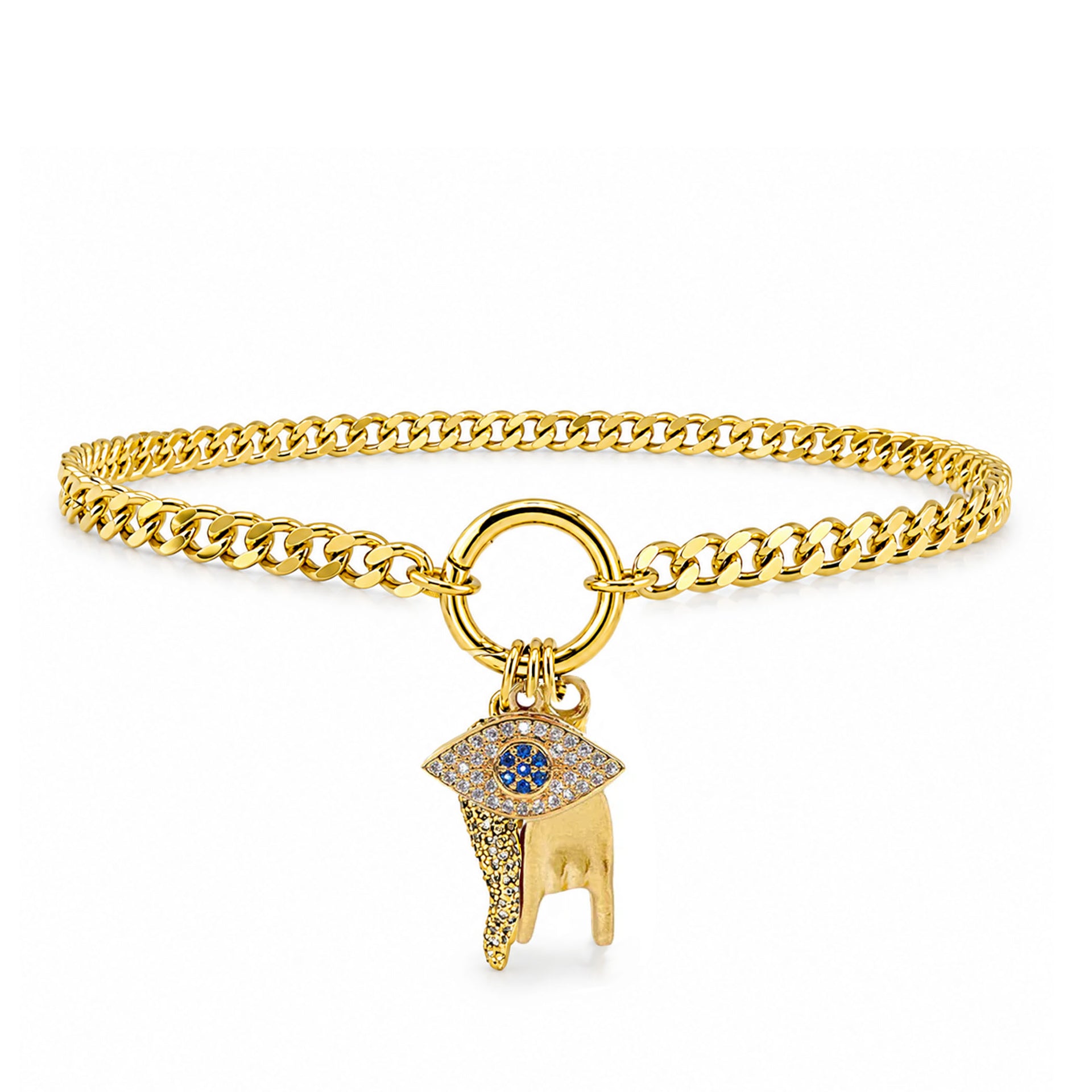Love Lisa Mariano crystal Italian horn anklet in gold with curb chain round ring clasp evil eye and mano cornuto charms