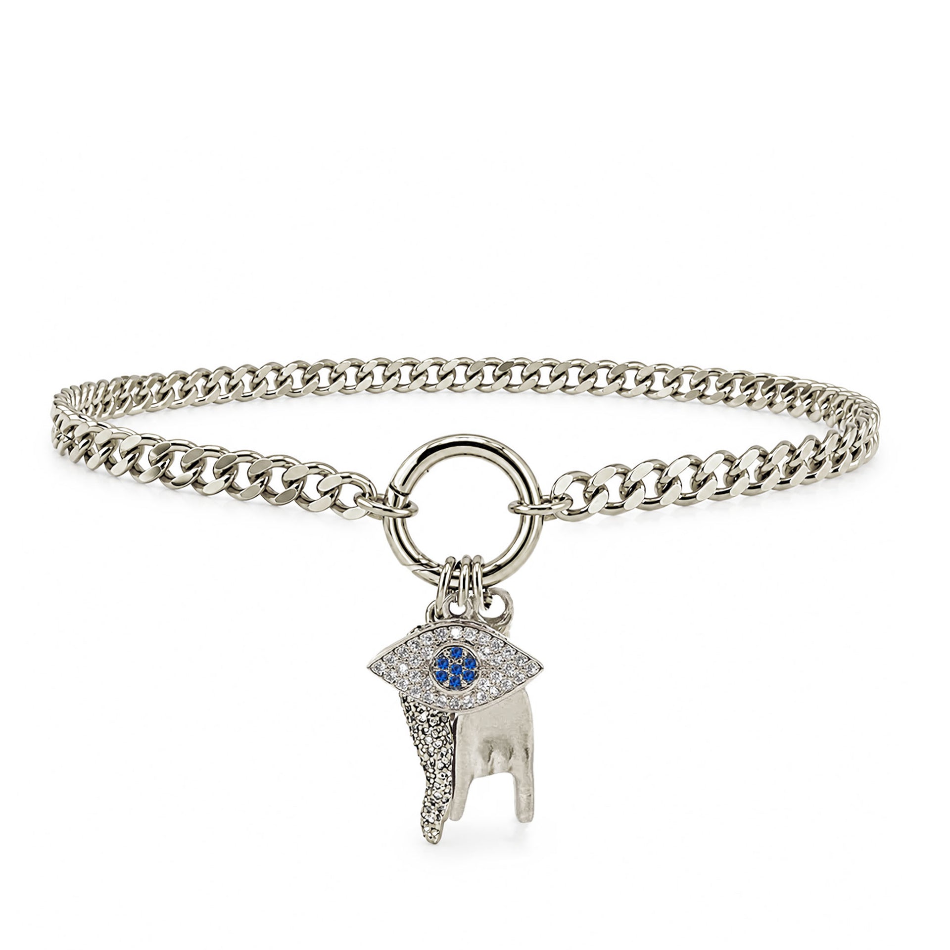 Mariano crystal Italian horn anklet in silver with curb chain round ring clasp evil eye and mano cornuto charms