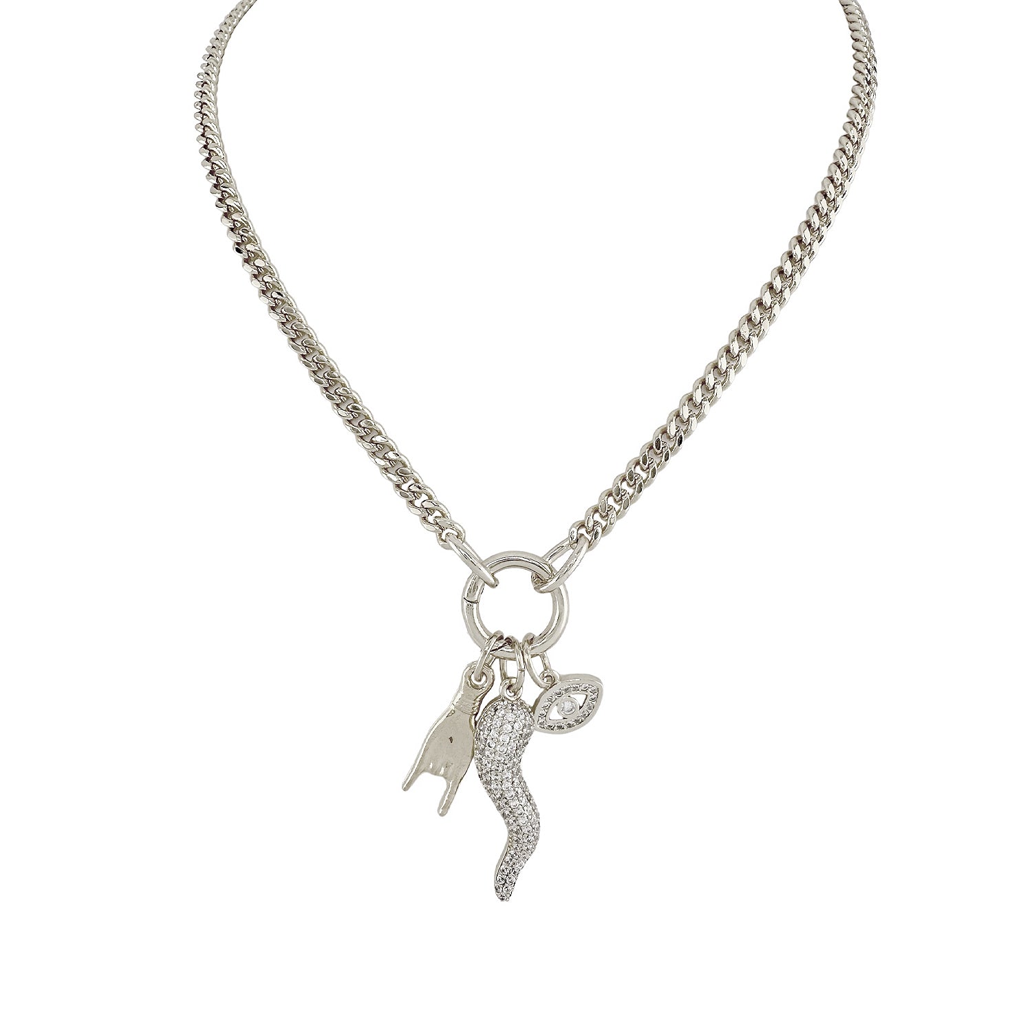 A silver-colored Italian horn (cornicello) necklace with multiple charms, including a hand and an evil eye, displayed against a white background.