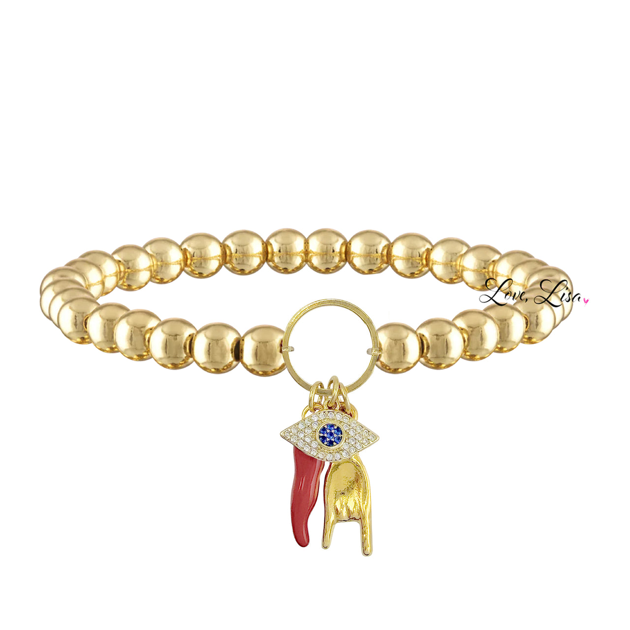 Gold Mariano bracelet with evil eye charm red Italian horn charm and gold hand charm on 6mm gold beaded stretch bracelet