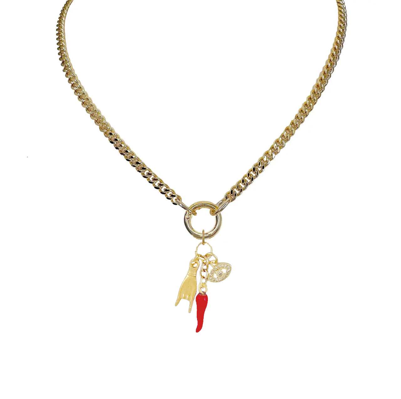 Love Lisa mariano italian horn charm worn on necklace gold red cornicello mano cornuta crystal eye charm